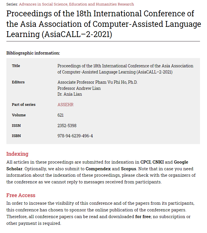 					View Vol. 621 (2021): Proceedings of the 18th International Conference of the Asia Association of Computer-Assisted Language Learning
				