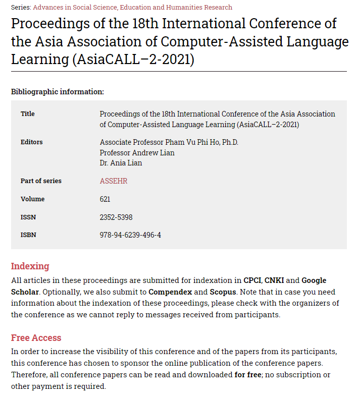                     View Vol. 621 (2021): Proceedings of the 18th International Conference of the Asia Association of Computer-Assisted Language Learning
                