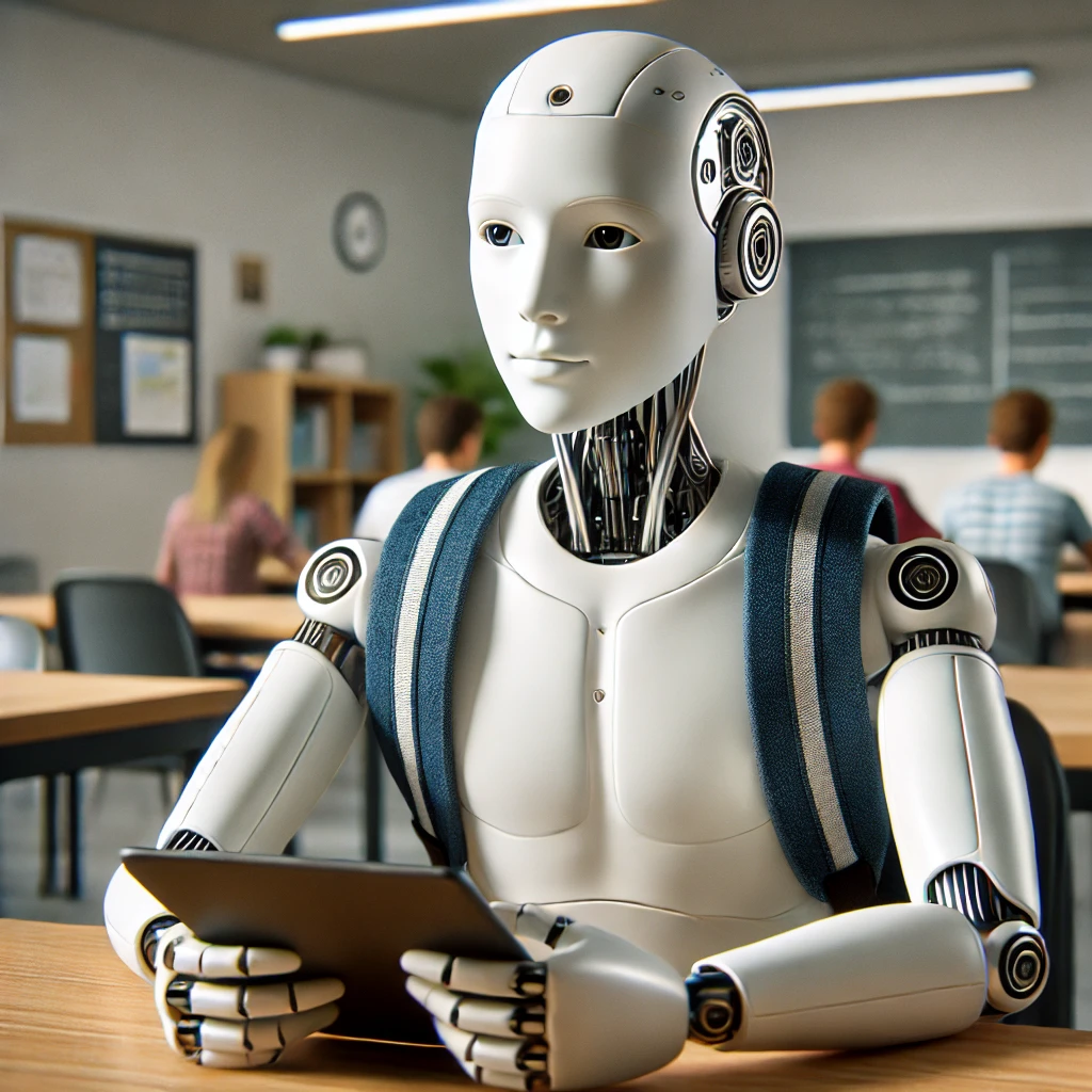 DALL·E 2025-07-03 01.16.20 - A humanoid robot student with realistic human-like face and synthetic skin, sitting at a desk in a modern classroom. The robot has subtle metallic acc