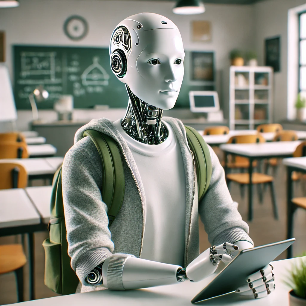 DALL·E 2025-07-03 01.16.23 - A humanoid robot student with realistic human-like face and synthetic skin, sitting at a desk in a modern classroom. The robot has subtle metallic acc