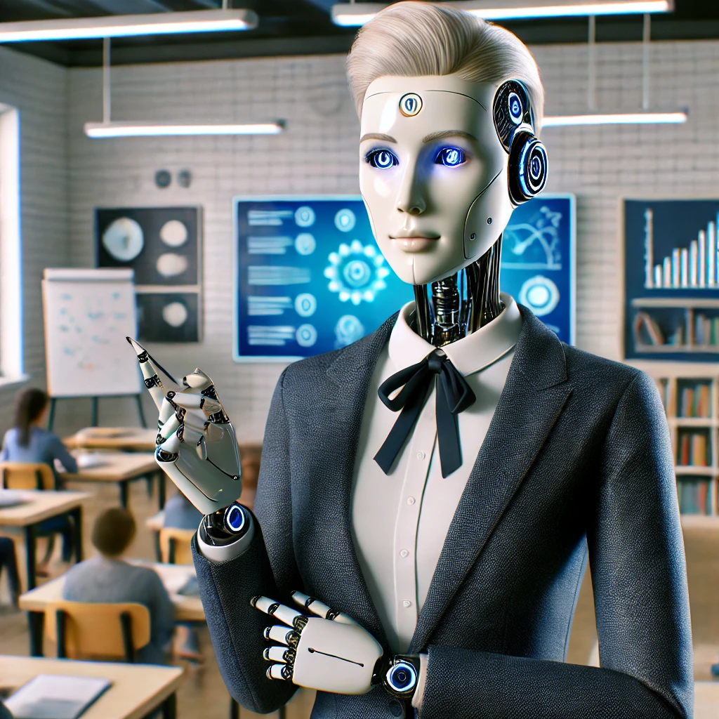 DALL·E 2025-07-03 01.17.51 - A humanoid robot teacher with a realistic human-like face and synthetic skin, standing confidently in front of a whiteboard in a modern classroom. The