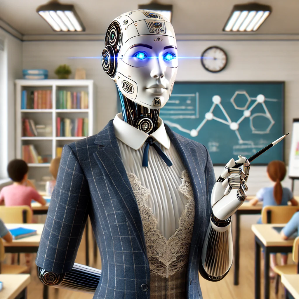DALL·E 2025-07-03 01.17.53 - A humanoid robot teacher with a realistic human-like face and synthetic skin, standing confidently in front of a whiteboard in a modern classroom. The