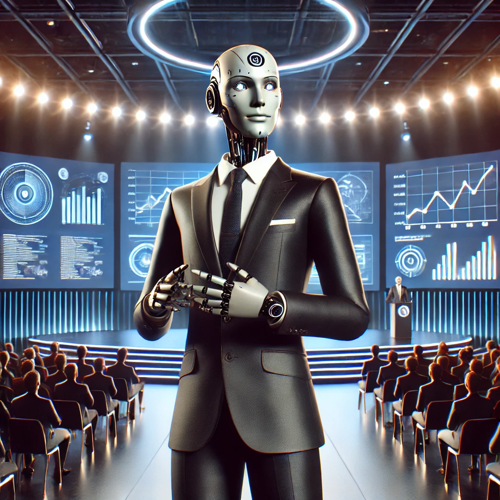 DALL·E 2025-07-03 01.19.07 - A humanoid robot presenter with a realistic human-like face and synthetic skin, standing on a modern stage in front of a large digital screen, giving