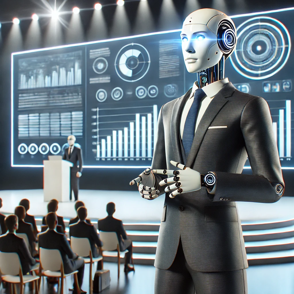 DALL·E 2025-07-03 01.19.08 - A humanoid robot presenter with a realistic human-like face and synthetic skin, standing on a modern stage in front of a large digital screen, giving