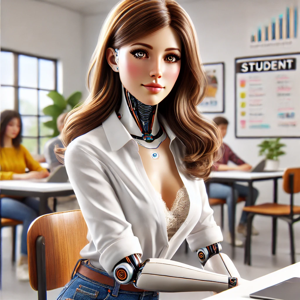 DALL·E 2025-07-03 01.20.38 - A beautiful female humanoid robot student with realistic human-like facial features and synthetic skin, sitting in a modern classroom. She has long, s