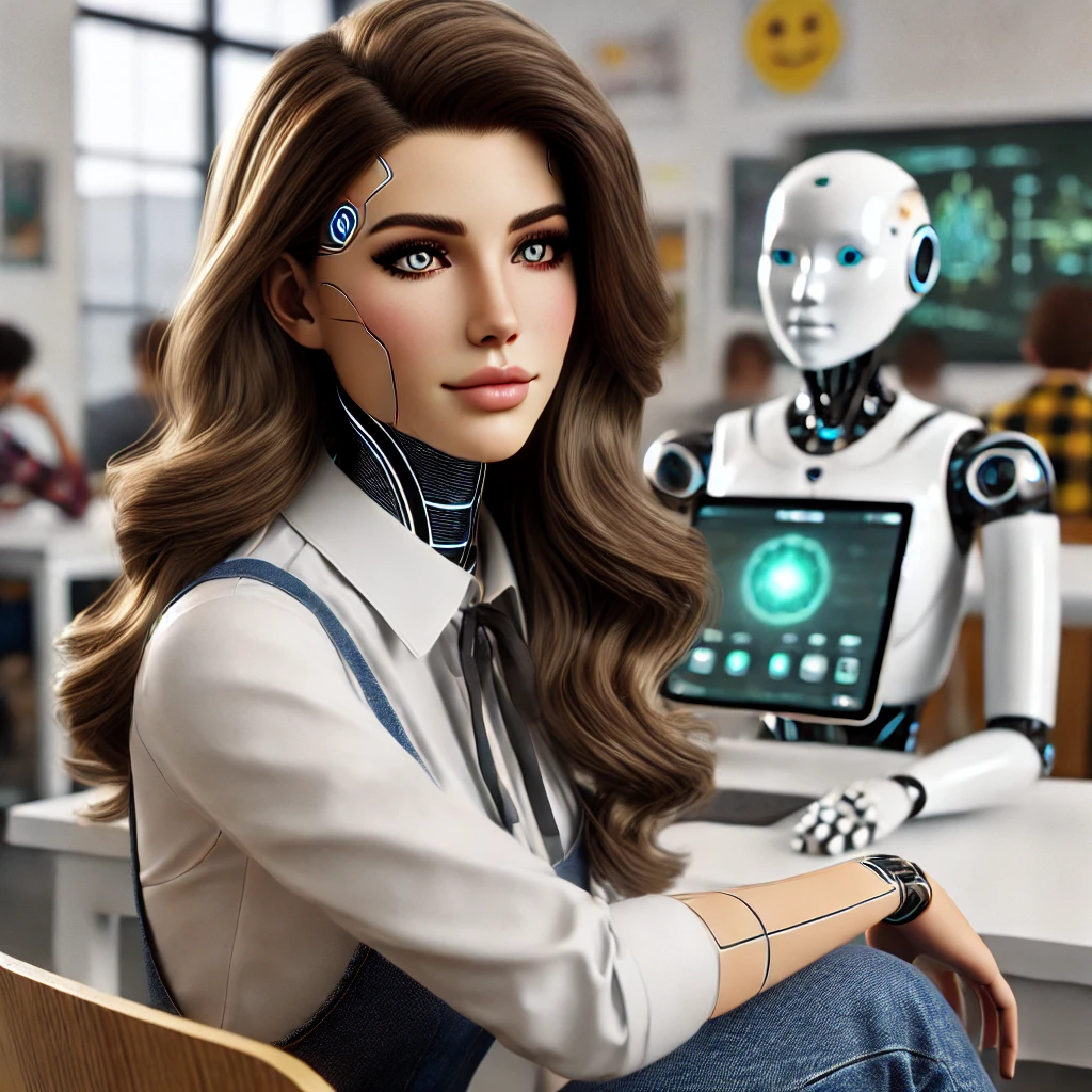 DALL·E 2025-07-03 01.20.39 - A beautiful female humanoid robot student with realistic human-like facial features and synthetic skin, sitting in a modern classroom. She has long, s