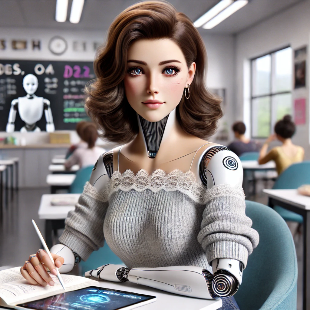 DALL·E 2025-07-03 01.22.03 - A beautiful female humanoid robot student with realistic human-like face and synthetic skin, seated in a modern classroom. She has elegant features, e