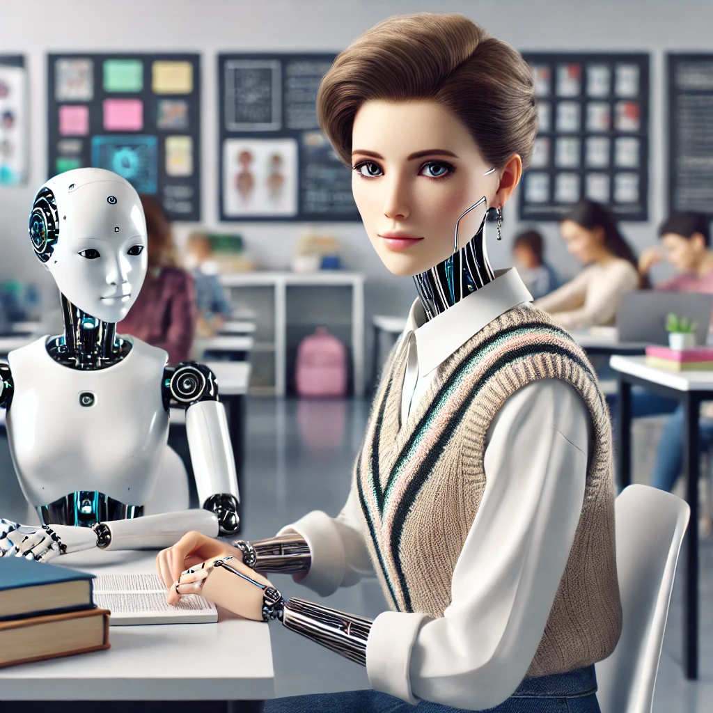 DALL·E 2025-07-03 01.22.04 - A beautiful female humanoid robot student with realistic human-like face and synthetic skin, seated in a modern classroom. She has elegant features, e
