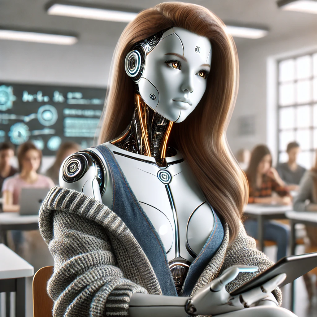 DALL·E 2025-07-03 01.22.50 - A beautiful female humanoid robot student with lifelike human facial features and synthetic skin, sitting in a bright, high-tech classroom. She has lo